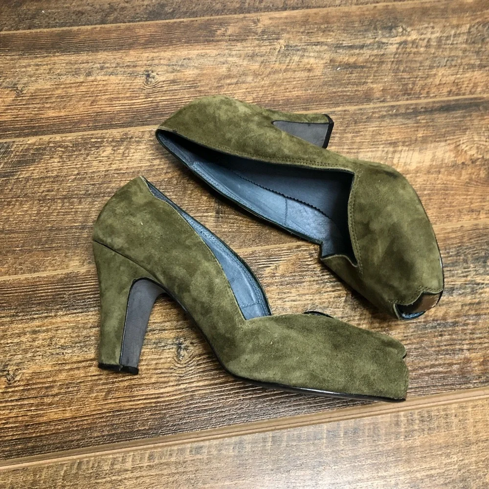 Farylrobin Olive Green Suede Peep-Toe Heels 10